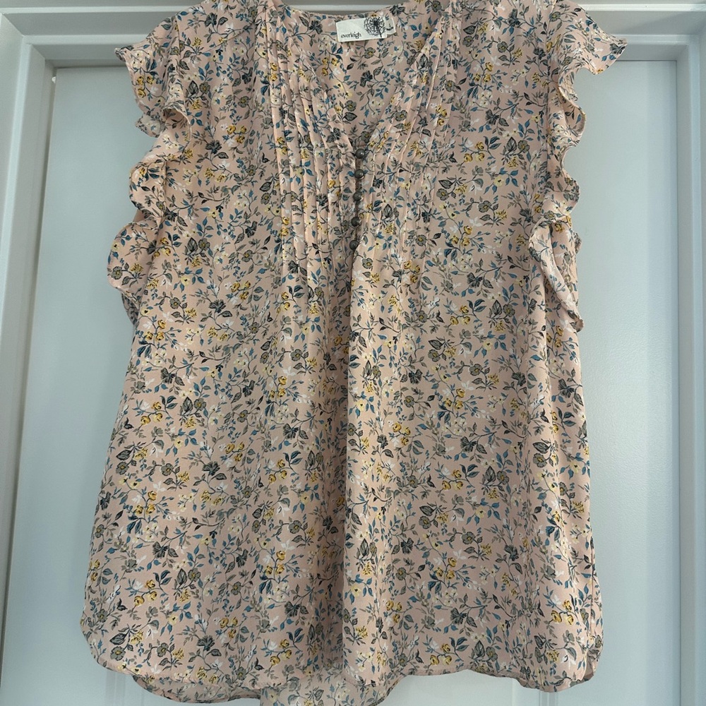 Everleigh Floral Ruffle Sleeve Women's Top, Light Pink and Turquoise, Gray, XL